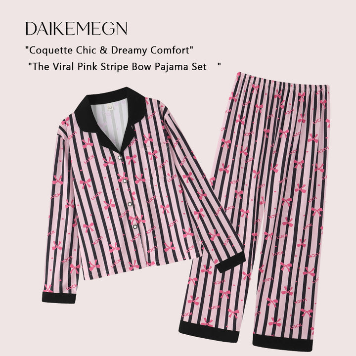 Women's Pink Bow Print Pajama Set, Long Sleeve Button Down Matching PJs, Striped Coquette Sleepwear Lounge Set with Black Trim Loungewear Womenswear Homewear