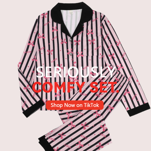 Women's Pink Bow Print Pajama Set, Long Sleeve Button Down Matching PJs, Striped Coquette Sleepwear Lounge Set with Black Trim Loungewear Womenswear Homewear