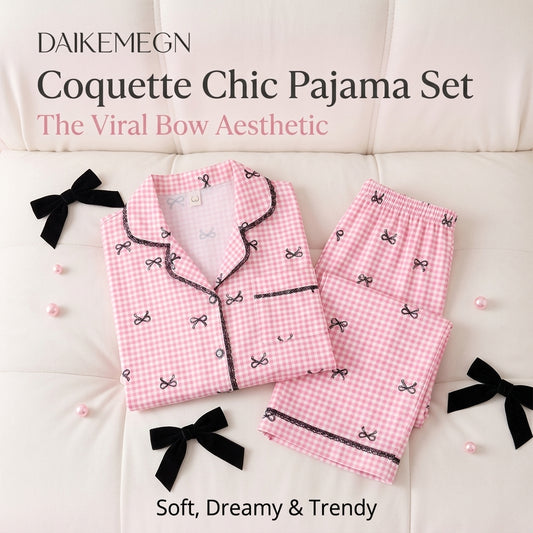Women’s Pink Gingham Bow Long Sleeve Pajama Set