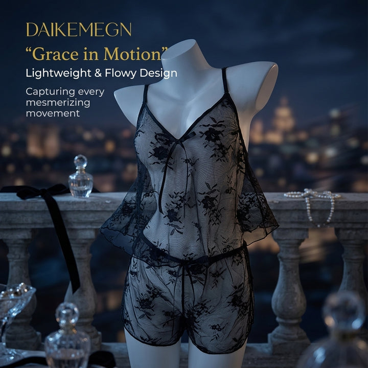 Women’s Sheer Lace Pajama Set Sexy Lingerie 2 Piece Sleepwear Soft Mesh Cami Top & Shorts Set Lightweight Breathable Comfy Nightwear Cute Coquette Lounge Set See Through Babydoll Outfit Viral TikTok Trend Summer Sleep Set Romantic Home Wear