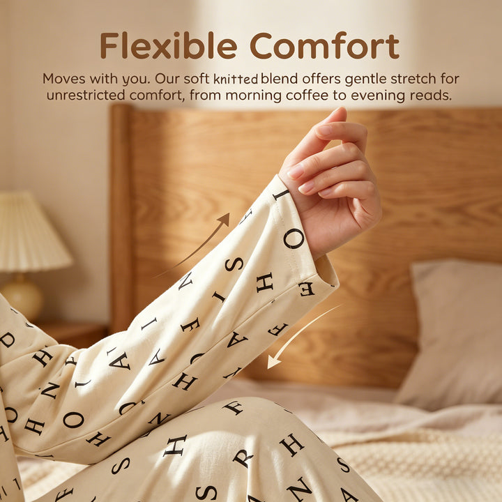 Women's Aesthetic Preppy Style 2-Piece Alphabet Print Long-Sleeve Pajama Set, Soft Button-Down Top with Cute Bear Pocket & Pants, Essential Nightwear for Fall Winter College Dorm Home Wear