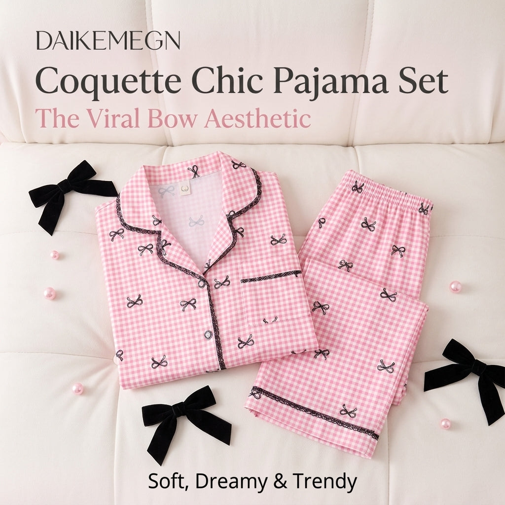 Women’s Pink Gingham Bow Long Sleeve Pajama Set