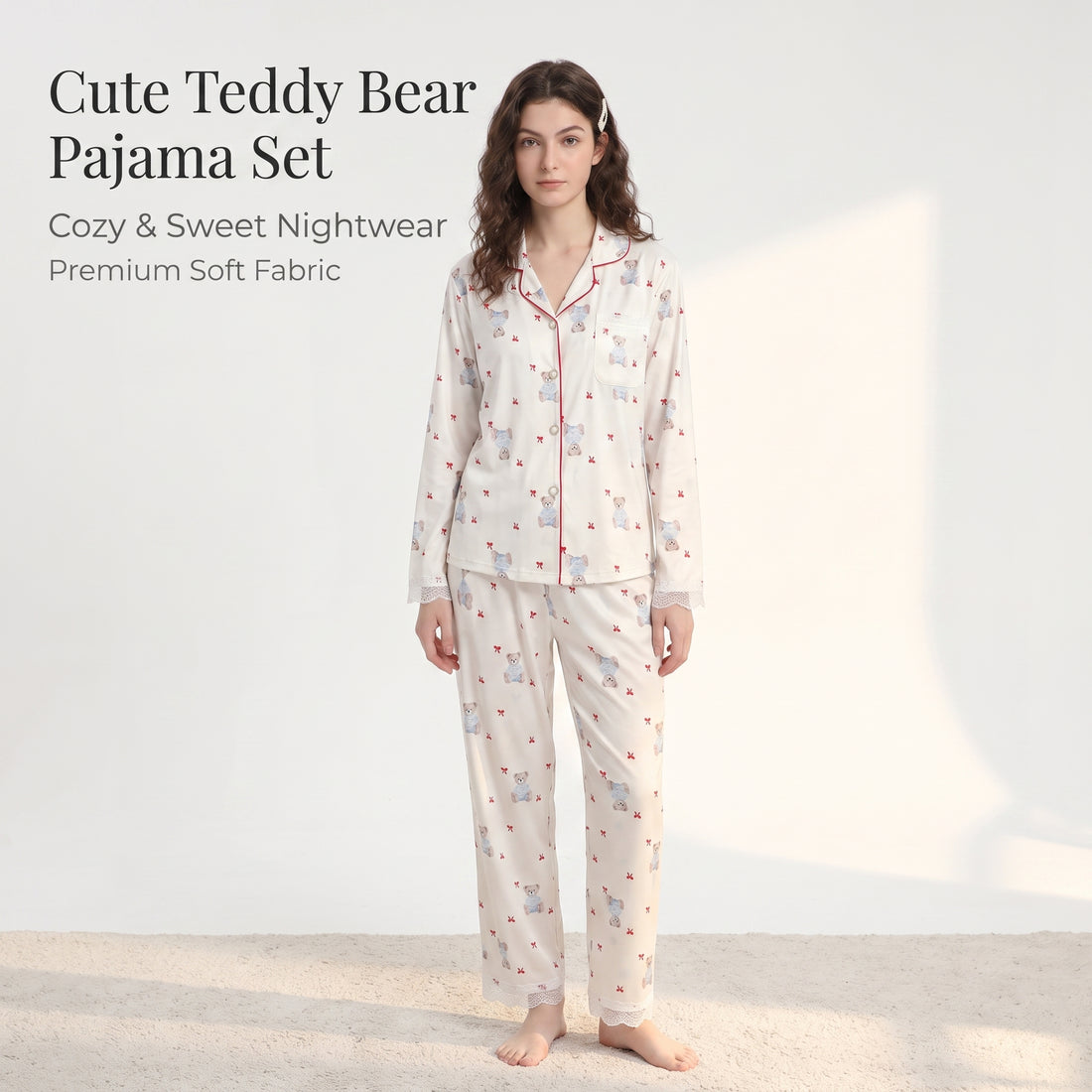 Women's Cute Teddy Bear Pyjama Set - Long Sleeve Button-Down Matching PJs with Lace Trim, Soft Coquette Sleepwear Lounge Set, Gift for Her Homewear, Pyjamas