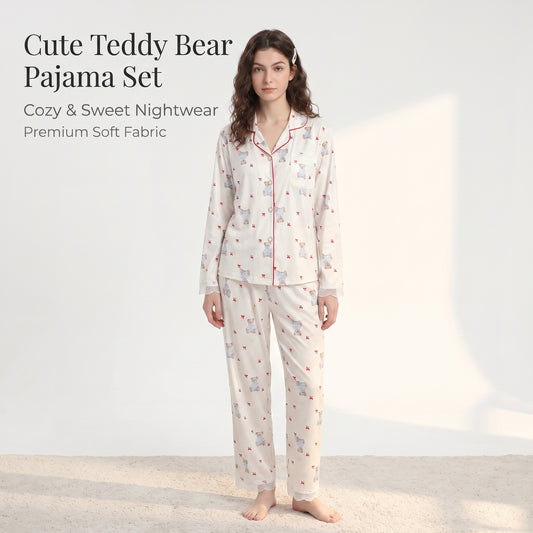 Women's Cute Teddy Bear Pyjama Set - Long Sleeve Button-Down Matching PJs with Lace Trim, Soft Coquette Sleepwear Lounge Set, Gift for Her Homewear, Pyjamas