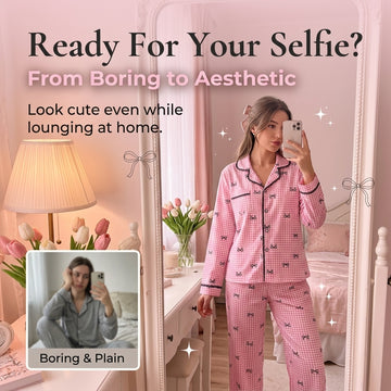 Women’s Pink Gingham Bow Long Sleeve Pajama Set