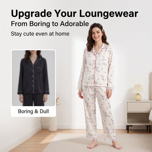 Women's Cute Teddy Bear Pyjama Set - Long Sleeve Button-Down Matching PJs with Lace Trim, Soft Coquette Sleepwear Lounge Set, Gift for Her Homewear, Pyjamas