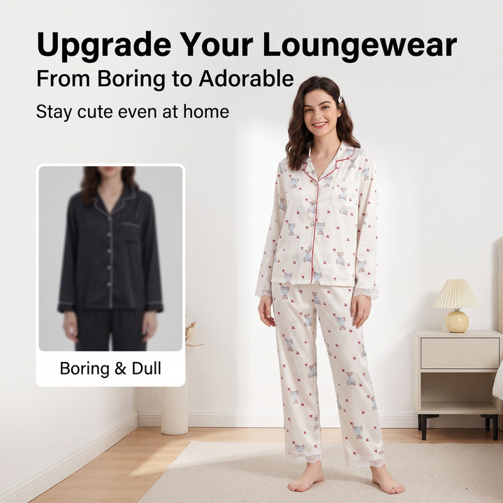 Women's Cute Teddy Bear Pyjama Set - Long Sleeve Button-Down Matching PJs with Lace Trim, Soft Coquette Sleepwear Lounge Set, Gift for Her Homewear, Pyjamas