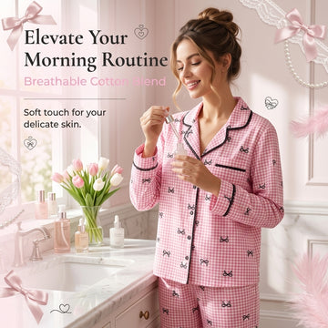 Women’s Pink Gingham Bow Long Sleeve Pajama Set