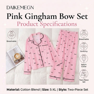 Women’s Pink Gingham Bow Long Sleeve Pajama Set