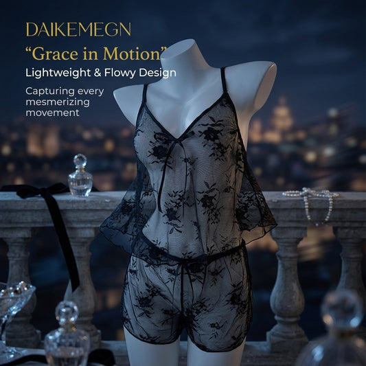 Women’s Sheer Lace Pajama Set Sexy Lingerie 2 Piece Sleepwear Soft Mesh Cami Top & Shorts Set Lightweight Breathable Comfy Nightwear Cute Coquette Lounge Set See Through Babydoll Outfit Viral TikTok Trend Summer Sleep Set Romantic Home Wear